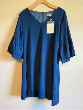 Blue V-Neck Ruffle Sleeve Dress